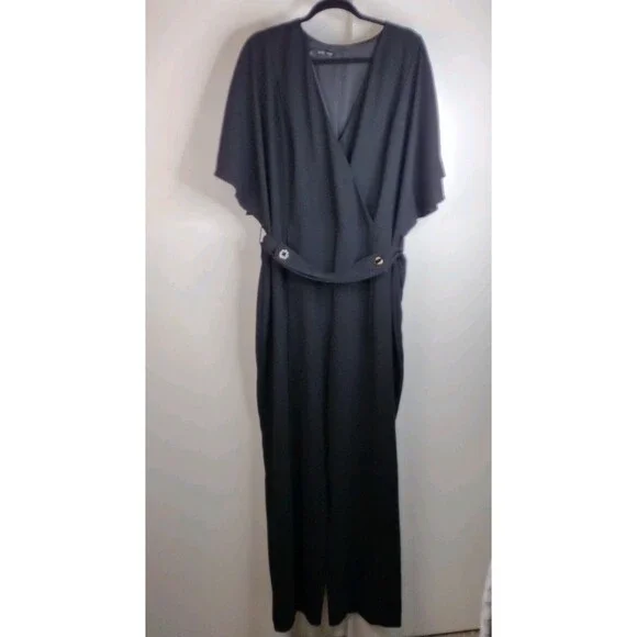 MNG V Neck Wide Leg Short Sleeve Jumpsuit Plus Size 3x Black Minimalist Belt - Picture 1 of 11